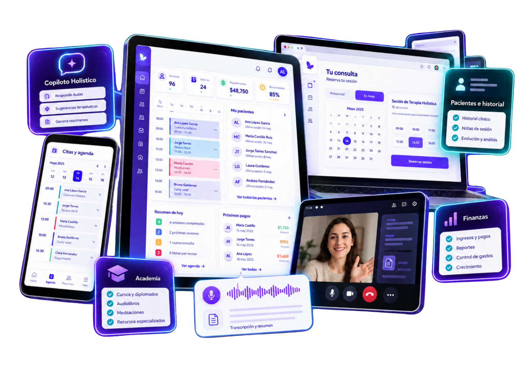 Holo HUB: agenda, pacientes, Copiloto Holístico, sala de terapia, finanzas y academia en un solo lugar